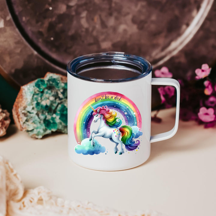 Don't Be a Dick Magical Unicorn Travel Coffee Mug, Insulated Funny Mug for Work, Unicorn Rainbow Gift for Best Friend, White Elephant Gift Salt and Sparkle