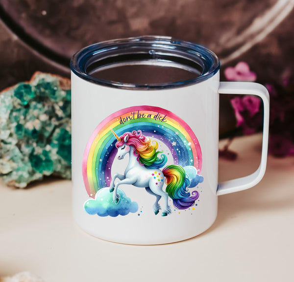 Don't Be a Dick Magical Unicorn Travel Coffee Mug, Insulated Funny Mug for Work, Unicorn Rainbow Gift for Best Friend, White Elephant Gift Salt and Sparkle