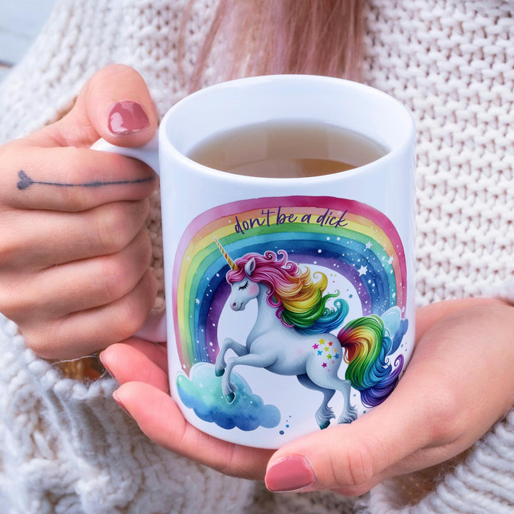 Don't Be A Dick Unicorn Mug for Work, Funny Gift for Bestie, White Elephant Christmas for Boss, Rainbow Unicorn Coffee Mug, Work from Home Salt and Sparkle