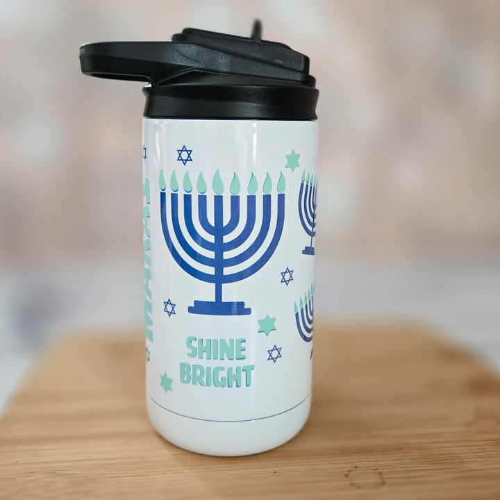 Kids Shine Bright Menorah Glow-in-the-Dark Sippy Cup, Preschooler Tumbler for Chanukah Present - Jewish Personalized Water Bottle for Child Salt and Sparkle