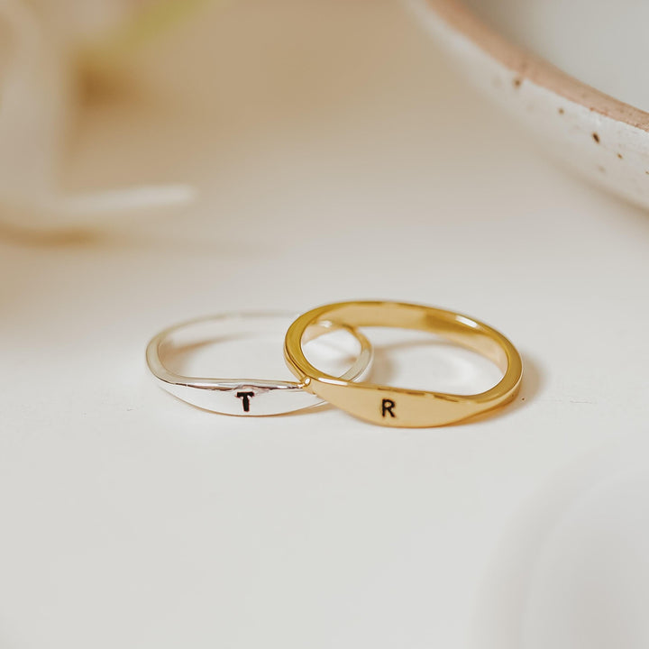 Dainty Gold Initial Ring Salt and Sparkle