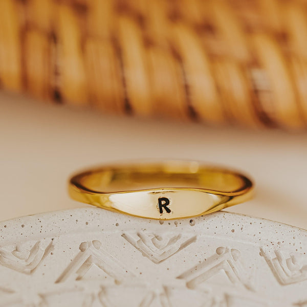 Dainty Gold Initial Ring Salt and Sparkle