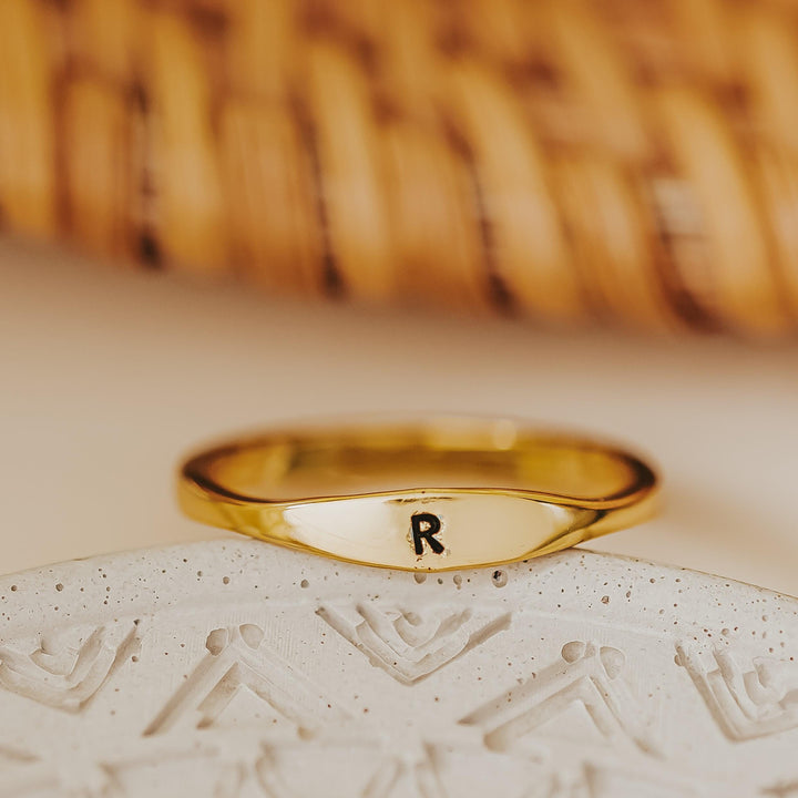 Dainty Gold Initial Ring Salt and Sparkle