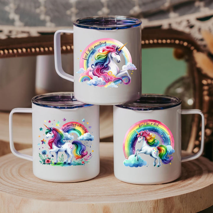 This Meeting is Bullshit Magical Unicorn Travel Coffee Mug, Insulated Funny Mug for Work, Unicorn Rainbow Gift for Friend, White Elephant Salt and Sparkle