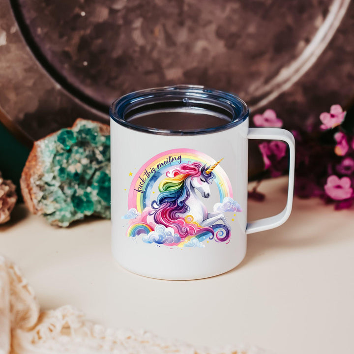 F*ck This Meeting Magical Unicorn Travel Coffee Mug, Insulated Funny Mug for Work, Unicorn Rainbow Gift for Best Friend, White Elephant Gift Salt and Sparkle