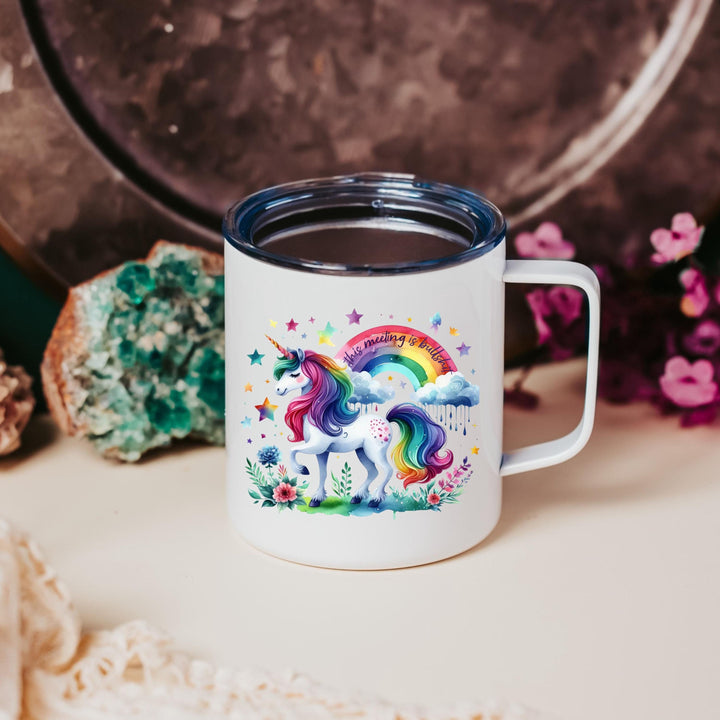 This Meeting is Bullshit Magical Unicorn Travel Coffee Mug, Insulated Funny Mug for Work, Unicorn Rainbow Gift for Friend, White Elephant Salt and Sparkle