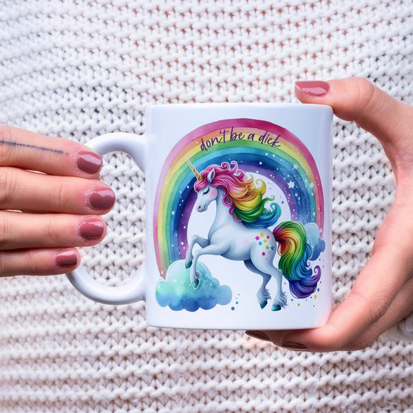 Don't Be A Dick Unicorn Mug for Work, Funny Gift for Bestie, White Elephant Christmas for Boss, Rainbow Unicorn Coffee Mug, Work from Home Salt and Sparkle