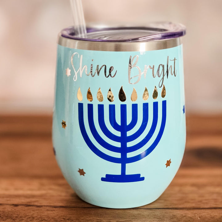 Shine Bright Christmas Chanukah Wine Tumbler - Chrismukkah Gift for Interfaith Couple Salt and Sparkle