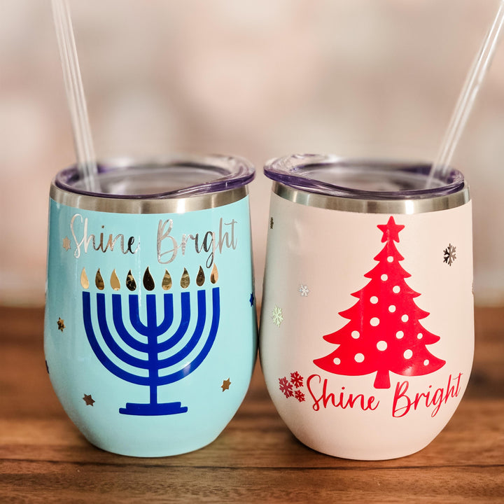 Shine Bright Christmas Chanukah Wine Tumbler - Chrismukkah Gift for Interfaith Couple Salt and Sparkle