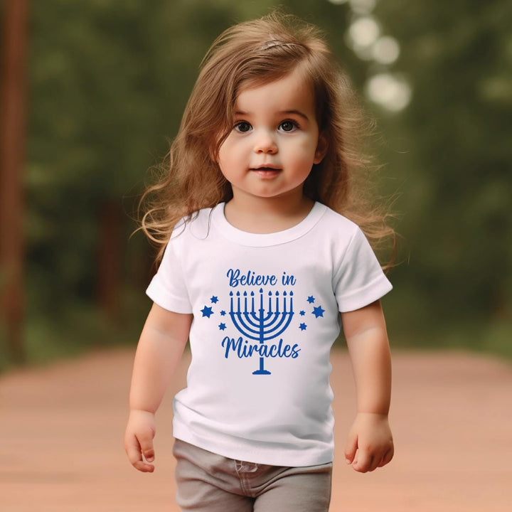 Believe in Miracles Chanukah Toddler Tee Shirt, Cute Pre Schooler Hanukkah Outfit, Hanukkah Present for Grandchild, Shirt for Chanukah Party Salt and Sparkle