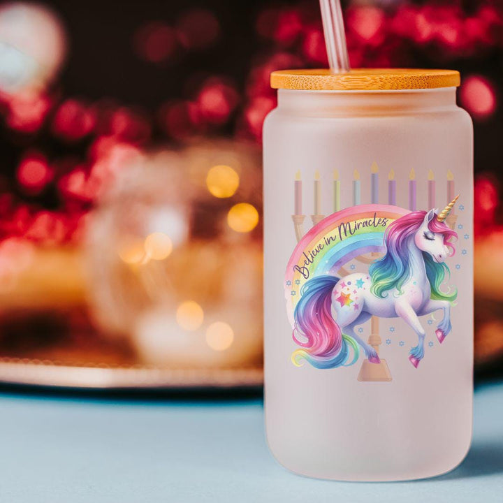 Believe in Miracles Rainbow Unicorn Menorah Printed Glass Can Cup for her | Jewish Gift for Chanukah Salt and Sparkle