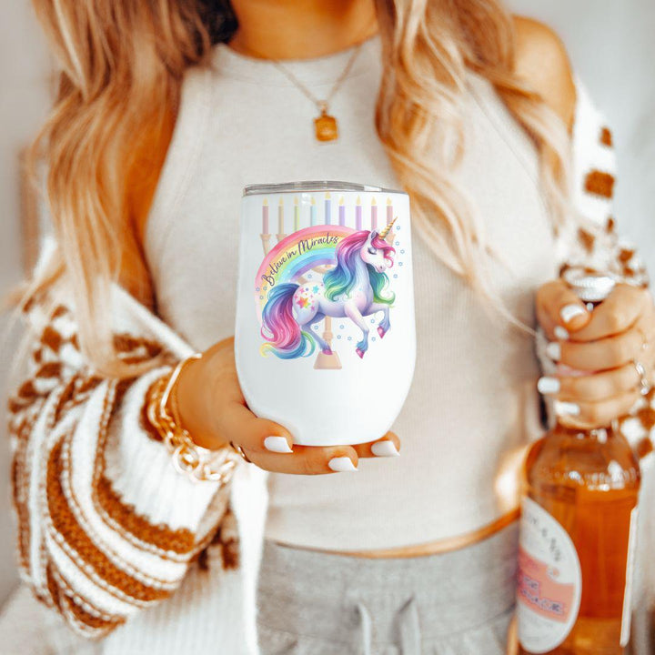 Believe in Miracles Chanukah Wine Tumbler, Rainbow Unicorn Menorah Jewish Wine Cup for Hanukkah for Her, Jewish Home Decor for Chanukah Salt and Sparkle