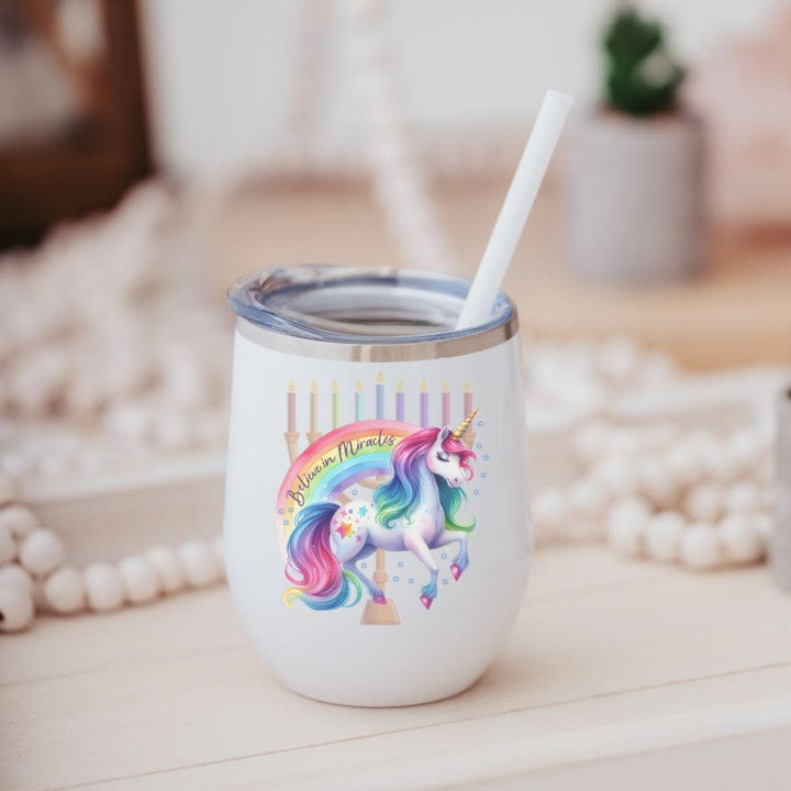 Believe in Miracles Chanukah Wine Tumbler, Rainbow Unicorn Menorah Jewish Wine Cup for Hanukkah for Her, Jewish Home Decor for Chanukah Salt and Sparkle