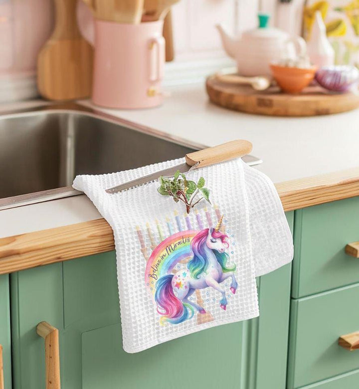 Believe in Miracles Waffle Dish Towel, Rainbow Unicorn Jewish Home Decor for Chanukah, Housewarming Gift for Hanukkah, Jewish Kitchen Towel Salt and Sparkle