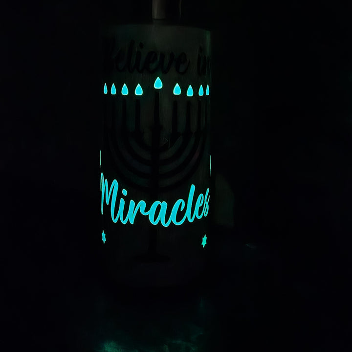 Believe in Miracles Hanukkah Home Soap Dispenser, Glow in the Dark Jewish Menorah Kitchen Decor, Jewish Housewarming Gift for Chanukah Salt and Sparkle