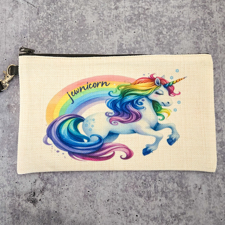 Jewnicorn Makeup Pouch, Jewish Rainbow Unicorn Pencil Case for Back to School, Stand with Israel Tote Bag Organizer, Chanukah Gift for Teen Salt and Sparkle