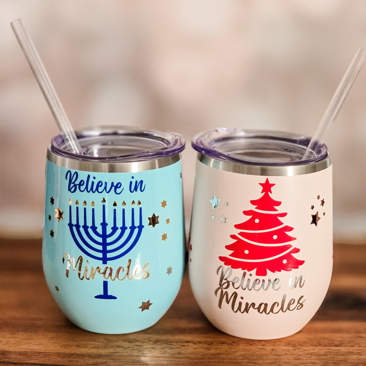 Believe in Miracles Christmas Chanukah Wine Tumbler - Chrismukkah Gift for Interfaith Couple Salt and Sparkle