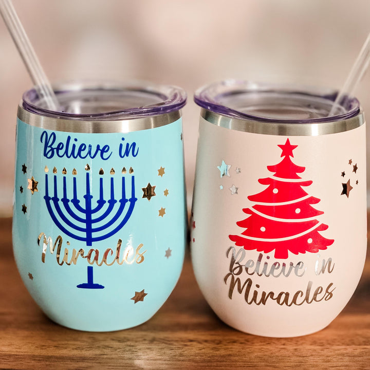 Believe in Miracles Christmas Chanukah Wine Tumbler - Chrismukkah Gift for Interfaith Couple Salt and Sparkle