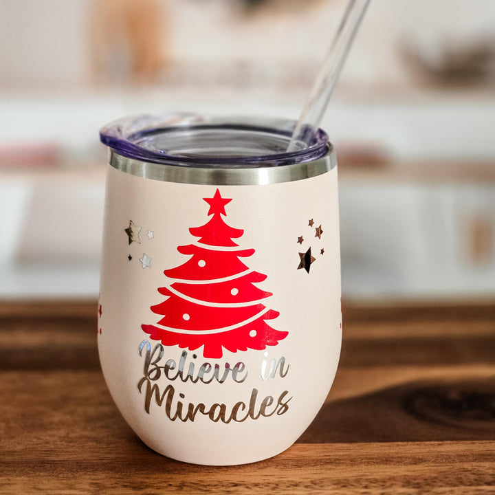 Believe in Miracles Christmas Chanukah Wine Tumbler - Chrismukkah Gift for Interfaith Couple Salt and Sparkle