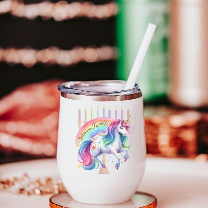 Believe in Miracles Chanukah Wine Tumbler, Rainbow Unicorn Menorah Jewish Wine Cup for Hanukkah for Her, Jewish Home Decor for Chanukah Salt and Sparkle