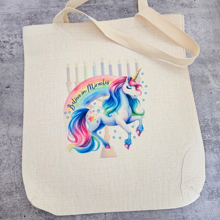 Hanukkah Believe in Miracles Tote Bag, Chanukah Rainbow Unicorn Grocery Bag for Friend, Fun Hanukkah Book Bag for College Student, Zionist Salt and Sparkle