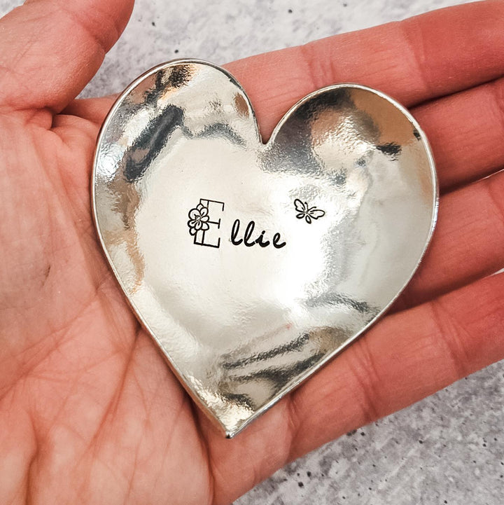 Personalized Heart Shaped Ring Dish - Pewter Initial Trinket Dish for Tween, Jewelry Holder for Girls, Birthday Gift for Her, Bedroom Decor Salt and Sparkle