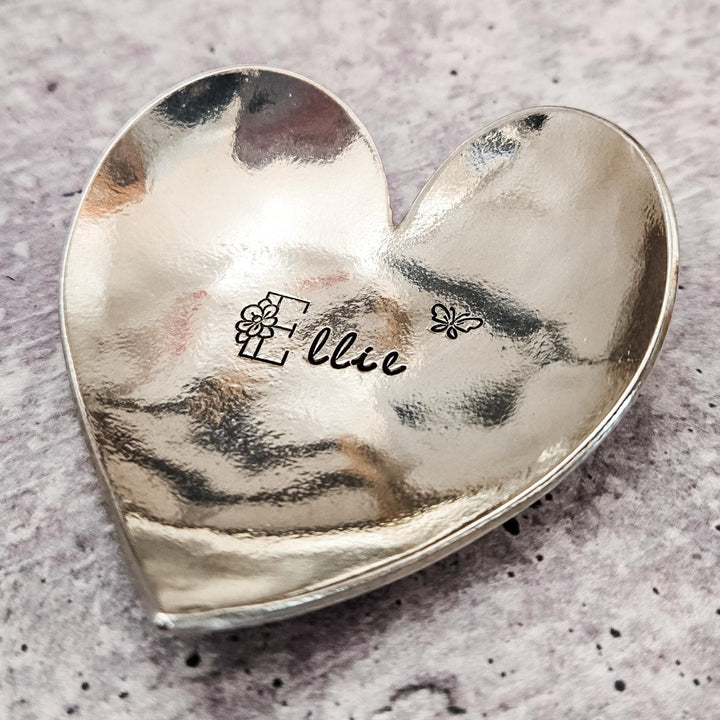 Personalized Heart Shaped Ring Dish - Pewter Initial Trinket Dish for Tween, Jewelry Holder for Girls, Birthday Gift for Her, Bedroom Decor Salt and Sparkle