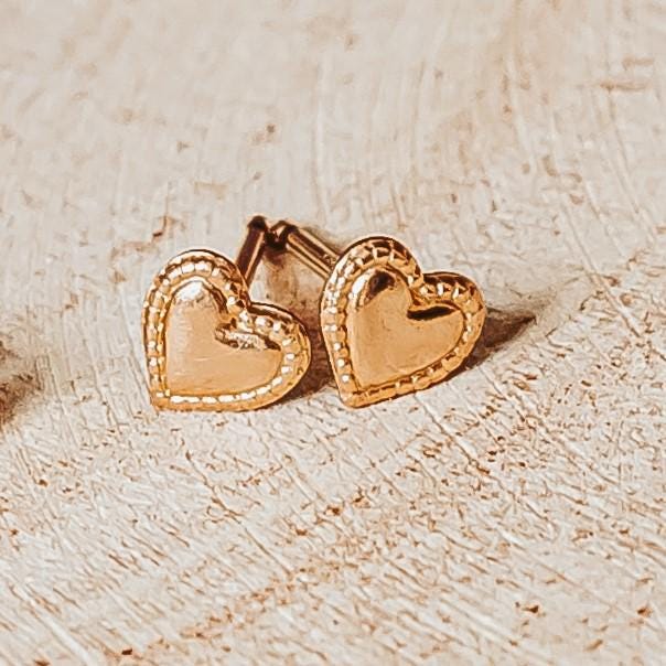 Dainty Heart Stud Earrings -Simple Yellow Gold Heart Shaped Earrings - Everyday Jewelry for Her Salt and Sparkle