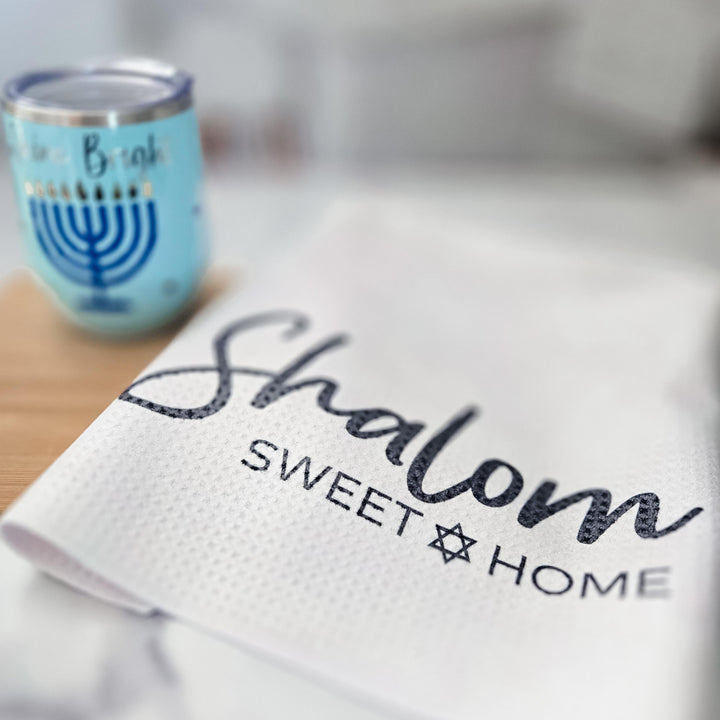 Shalom Sweet Home Minimalist Waffle Dish Towel, Jewish Home Decor, Housewarming Gift for First Jewish Home, Jewish Kitchen Towel for Shabbat Salt and Sparkle