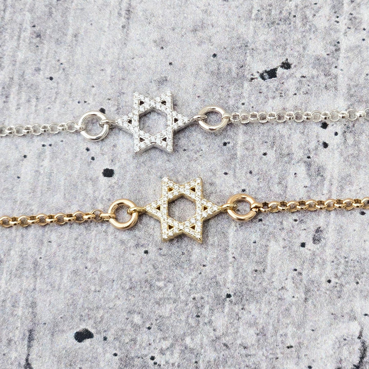 Crystal Magen David Bracelet | Dainty Gold Custom Sparkly Star of David Adjustable Anklet Chain for Her, Silver Initial Bat Mitzvah Jewelry Salt and Sparkle