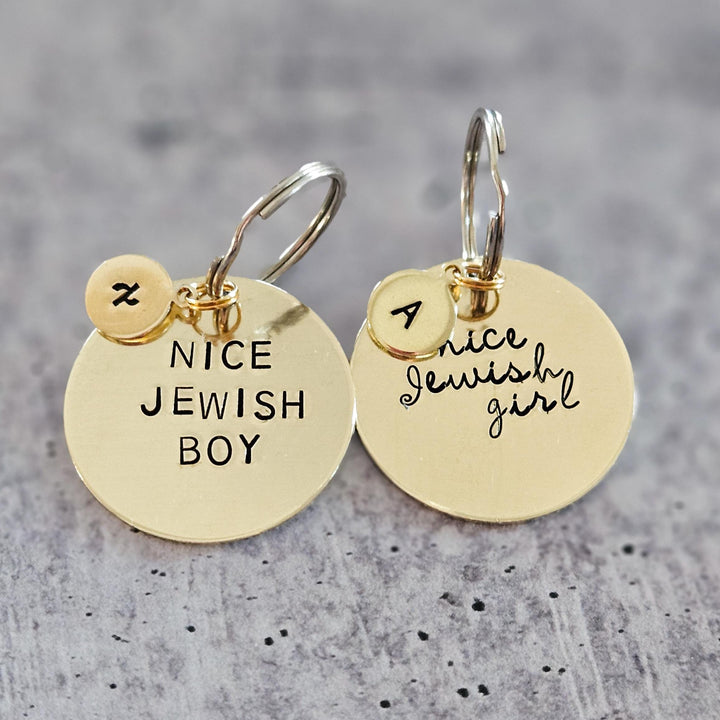 Nice Jewish Boy or Girl Hand-Stamped Brass Keychain, Gift from Parents for College Student, Purim Basket Gift, Jewish Humor Accessory Salt and Sparkle