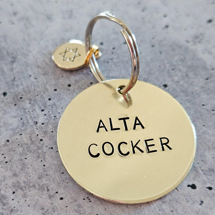 Alta Cocker Hand-Stamped Brass Keychain, Funny Yiddish Gift for Grandpa from Grandchild, Father's Day for Jewish Man, Jewish Humor for Him Salt and Sparkle