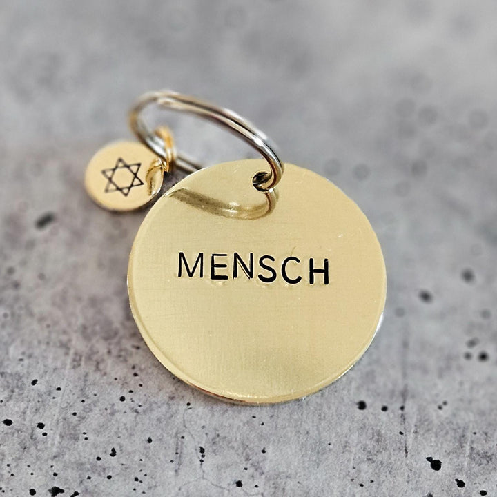 Mensch Hand-Stamped Brass Keychain, Thank you Gift for Rabbis, Teachers, Coworkers, Jewish Accessory for College Student, Jewish Gratitude Salt and Sparkle