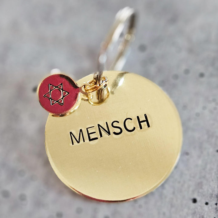 Mensch Hand-Stamped Brass Keychain, Thank you Gift for Rabbis, Teachers, Coworkers, Jewish Accessory for College Student, Jewish Gratitude Salt and Sparkle