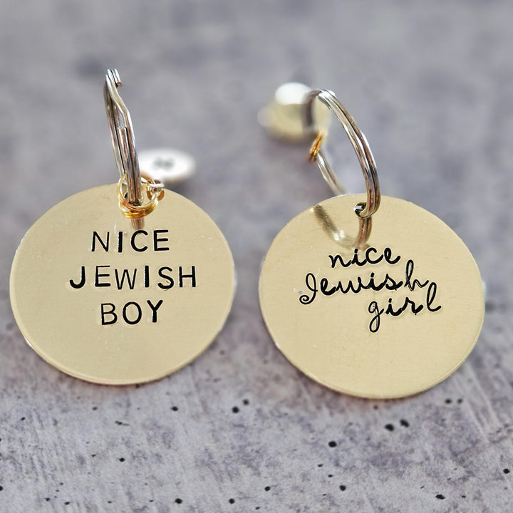 Nice Jewish Boy or Girl Hand-Stamped Brass Keychain, Gift from Parents for College Student, Purim Basket Gift, Jewish Humor Accessory Salt and Sparkle