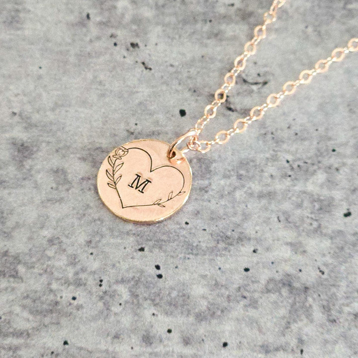 Heart Initial Necklace for Valentine' Day, Rose Gold Personalized Name Necklace Gift for Her, Child's Initial Gold Disc Necklace for New Mom