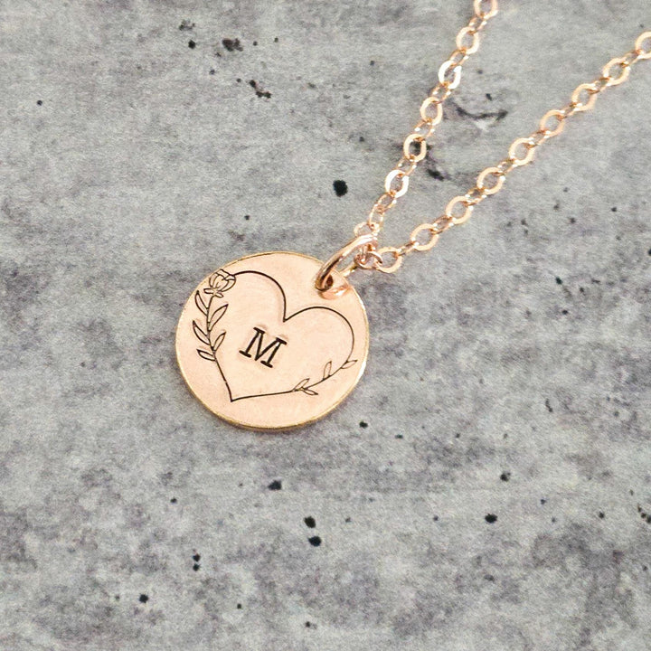 Heart Initial Necklace for Valentine' Day, Rose Gold Personalized Name Necklace Gift for Her, Child's Initial Gold Disc Necklace for New Mom