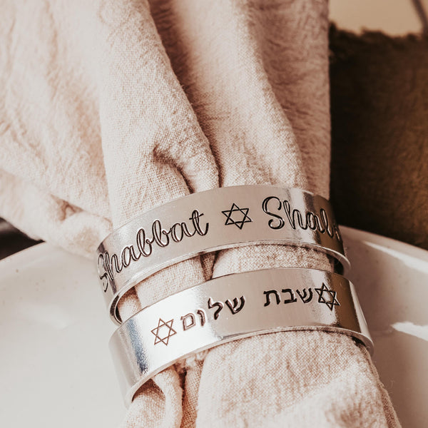 Shabbat Shalom Handcrafted Napkin Rings, Housewarming Gift for Jewish Home, Wedding gift for Jewish Bride + Groom, Modern Judaica Home Decor Salt and Sparkle