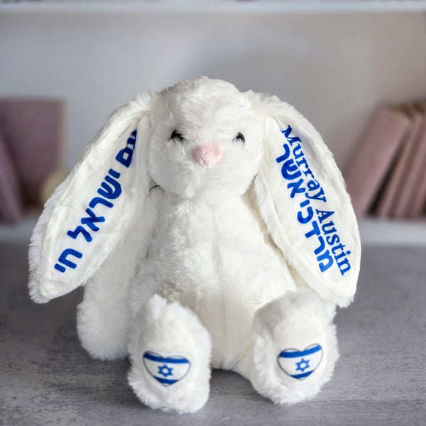 Personalized Am Yisrael Chai Plush Bunny Rabbit, Jewish Baby Naming Gift, Custom Plush Bunny for Kids, Hebrew and English Stuffy for Child Salt and Sparkle