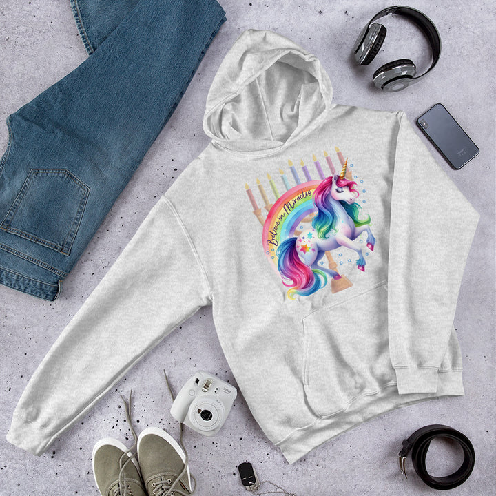 Believe in Miracles Rainbow Unicorn Hanukkah Gender Neutral Hoodie Salt and Sparkle