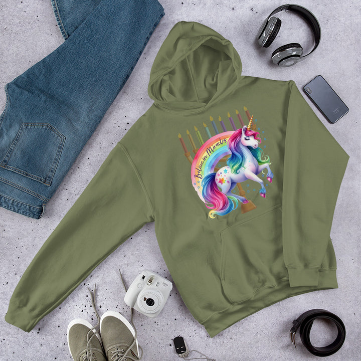 Believe in Miracles Rainbow Unicorn Hanukkah Gender Neutral Hoodie Salt and Sparkle