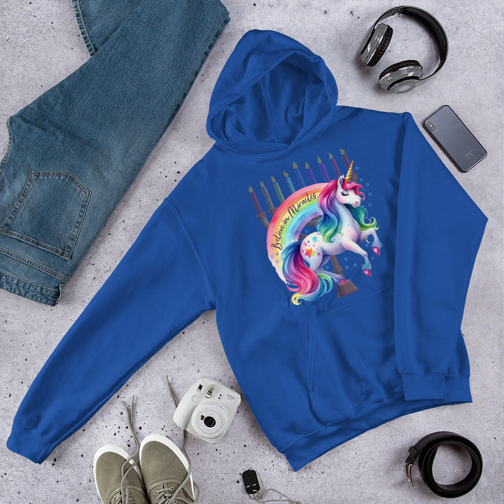 Believe in Miracles Rainbow Unicorn Hanukkah Gender Neutral Hoodie Salt and Sparkle