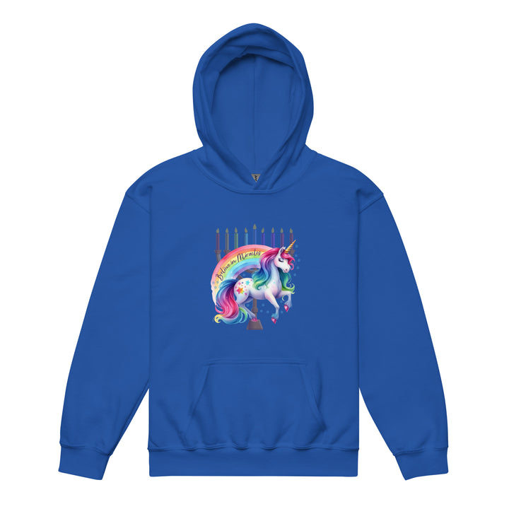 Believe in Miracles Rainbow Unicorn Hanukkah Youth Heavy Blend Hoodie Salt and Sparkle