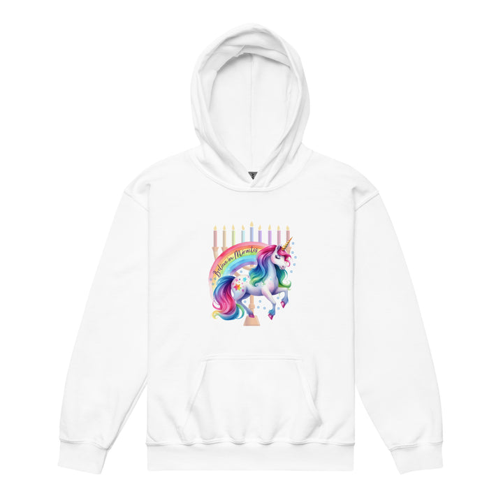 Believe in Miracles Rainbow Unicorn Hanukkah Youth Heavy Blend Hoodie Salt and Sparkle