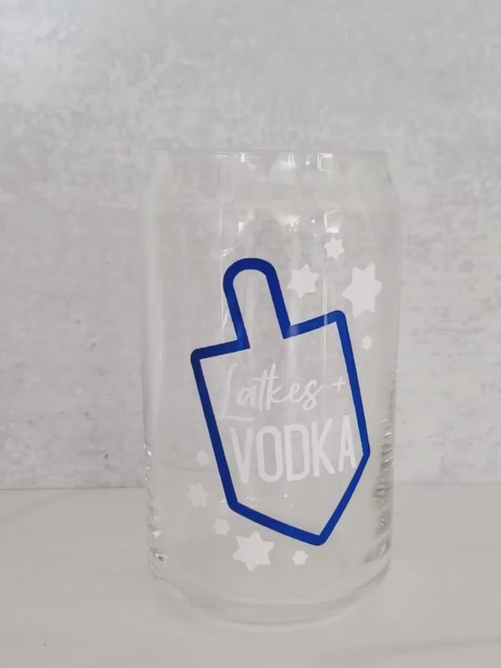 Latkes and Vodka Color Changing Hanukkah Glass Can Cup - Funny Chanukah Party Drinkware - Chanukah Glass Can Cup - Jewish Holiday Gift