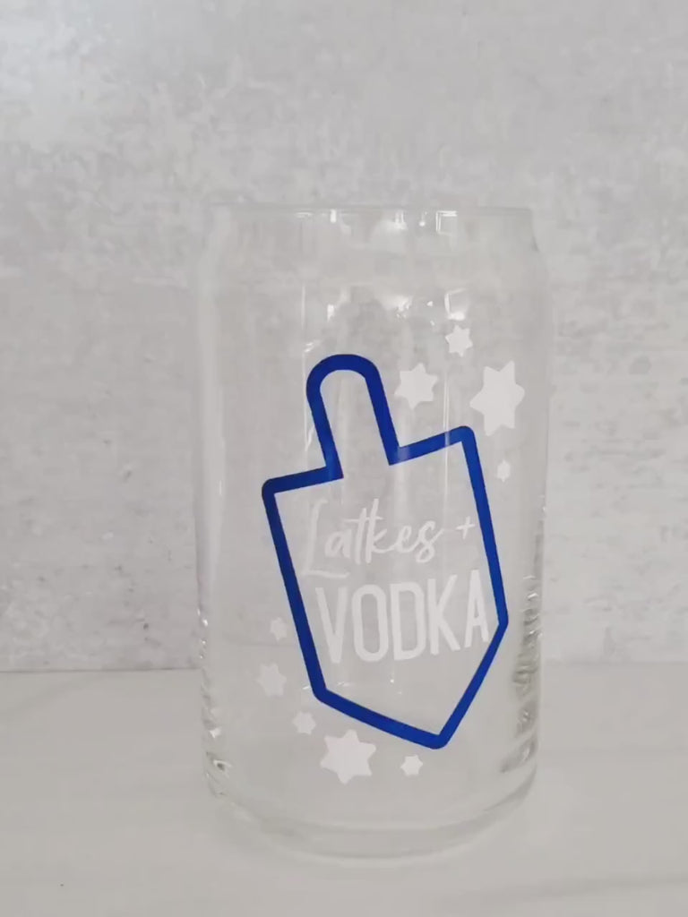 Latkes and Vodka Color Changing Hanukkah Glass Can Cup - Funny Chanukah Party Drinkware - Chanukah Glass Can Cup - Jewish Holiday Gift
