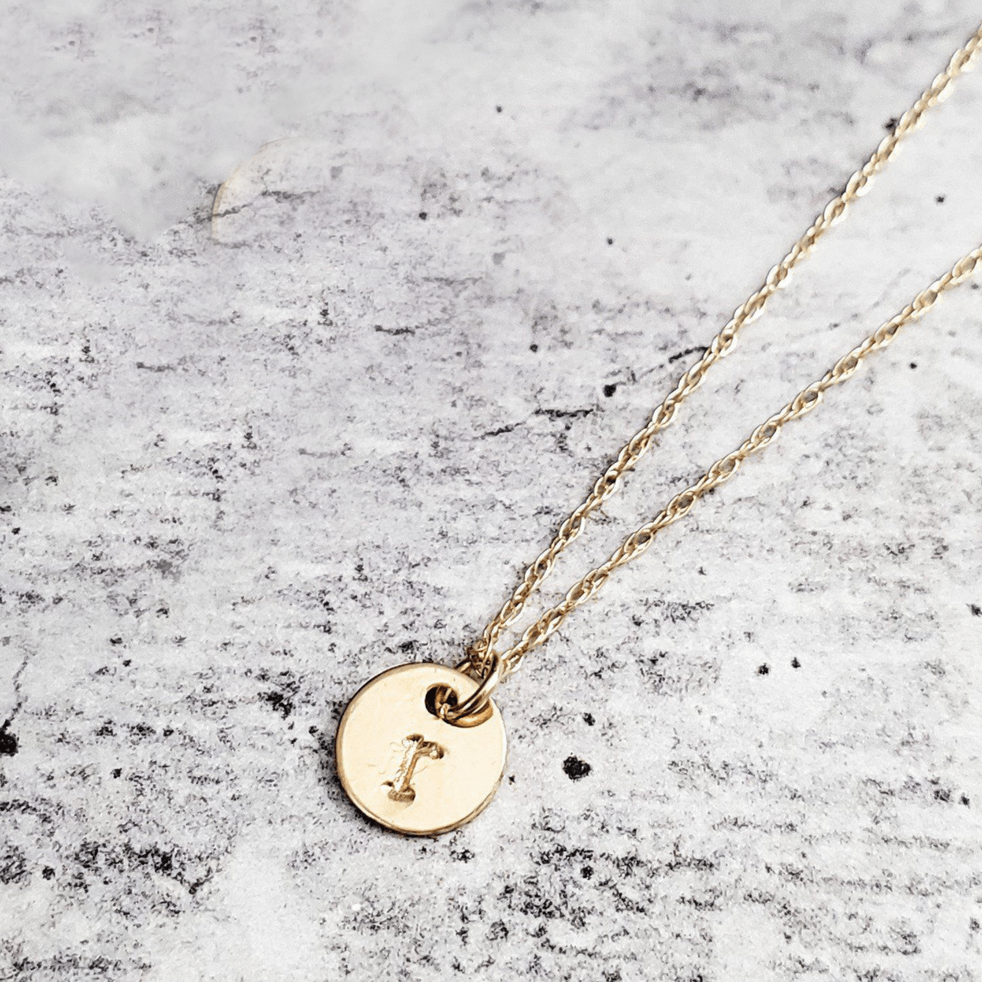 14k Gold Dainty Initial Disc Necklace Salt and Sparkle
