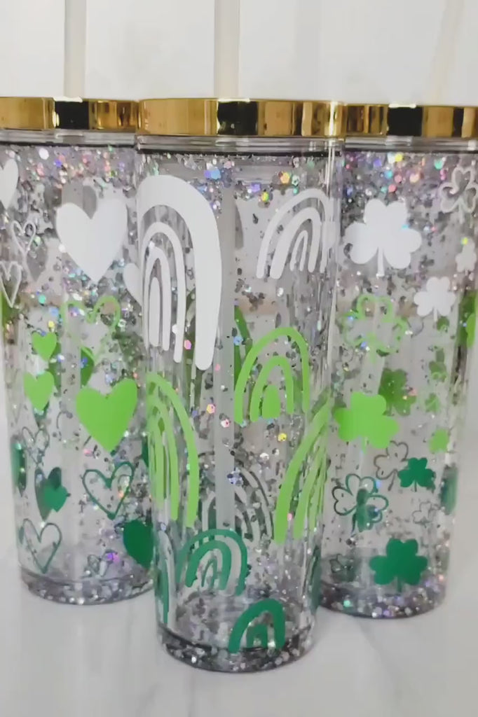 St. Patrick's Day Green Ombre Glitter Snowglobe Tumbler -  Shamrock Travel Cup - St. Paddy's Parade Day Lucky Rainbow Drink Tumbler for Her