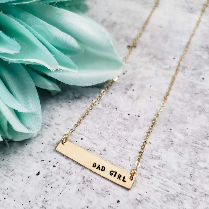 BAD GIRL Hand Stamped Bar Necklace Salt and Sparkle