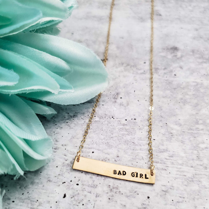 BAD GIRL Hand Stamped Bar Necklace Salt and Sparkle